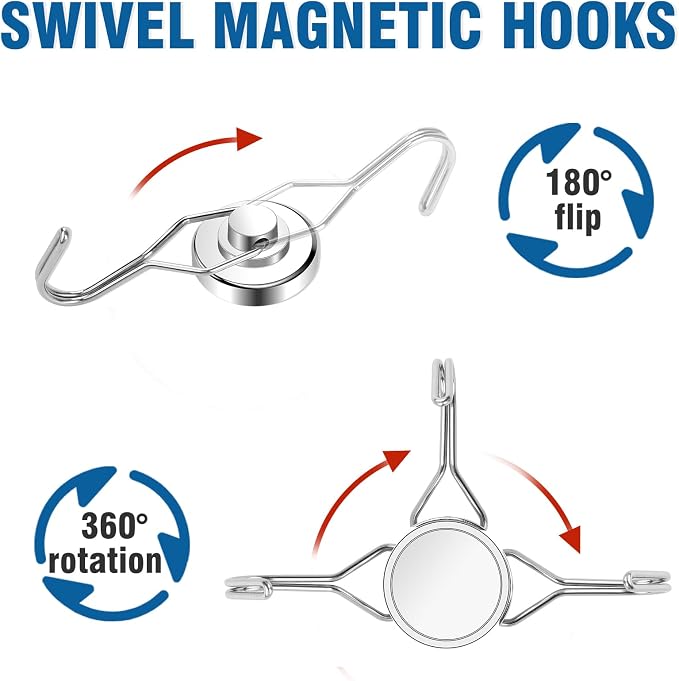 Swivel Swing Magnetic Hook 120LBS Heavy Duty Magnet Hook 10 Pack | Strong Neodymium Magnets for Refrigerator Other Surfaces 67.5mm(2.66in) in Length Silver - Image 3