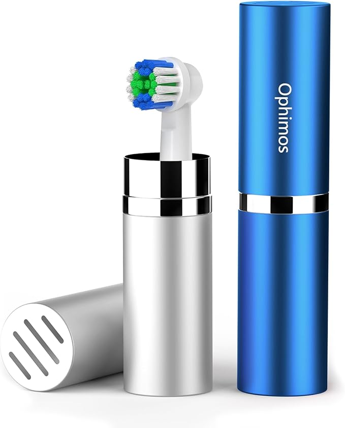 Aluminum Toothbrush Head Case,Metal Toothbrush Protector Cover with Ventilation Holes,Portable Travel Holder for Oral-B Philips Power Toothbrush & More (Silver+Blue, 2 Count) by ophimos