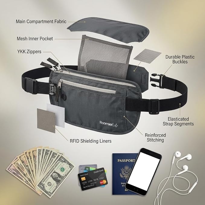 RFID Blocking Passport Holder Travel Pouch for Men & Women - Hidden Money Belt with Anti-Theft Locking Zipper, Slim Waterproof Waist Wallet for Cash, Credit Cards, Passport & Travel Documents, Grey - Image 2