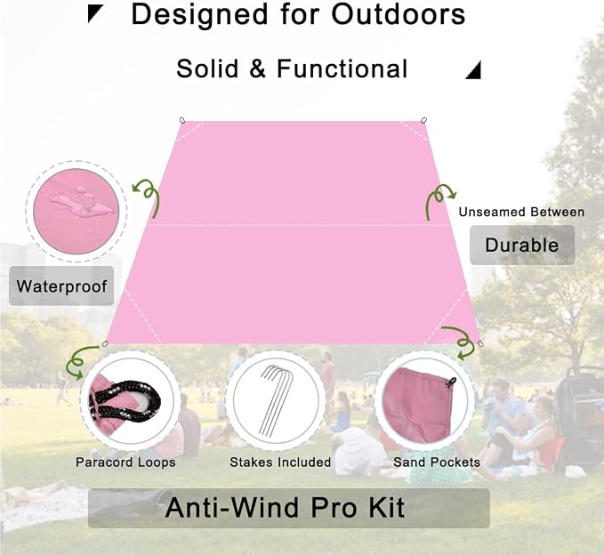 Pocket Blanket, Compact Blanket for Picnic, Beach, Festival | Sandproof, Waterproof, Stakes & Carabiner Included, Packable Lightweight Tarp for Camping, Hiking, Backpacking, Travel - Image 3