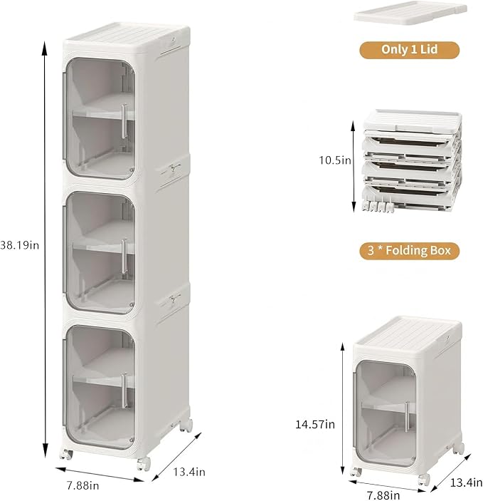 3-Tier Slim Bathroom Narrow Storage Cabinet with Wheels, White | Tool Free Assembly, Adjustable Shelves, Fits for Narrow Spaces, Reinforced Stability, Magnetic Clear Door - Image 2