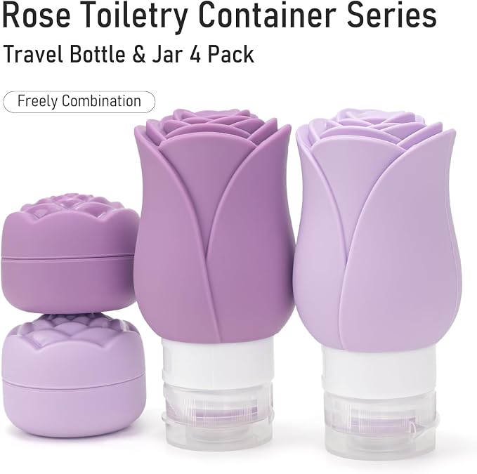 Travel Containers Bottle for Toiletry 4 Pack 3oz Leakproof TSA Approved & Refillable Mini Cream Jars, Silicone Squeeze Tube Rose Bottles for Shampoo Lotion Body Wash BPA Free +Bag, Purple Rose - Image 2