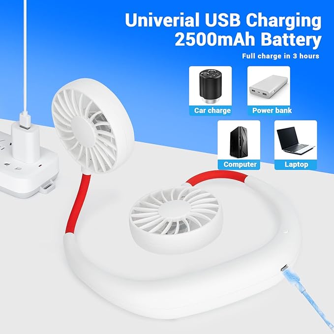 JUANANIUG Portable Neck Fan Rechargeable Personal HandFree Fan Mini USB Wearable Neckband Sport Fan 3 Speed Adjustable 360 Degrees Rotation Perfect for Working Traveling Office Reading (White) - Image 4