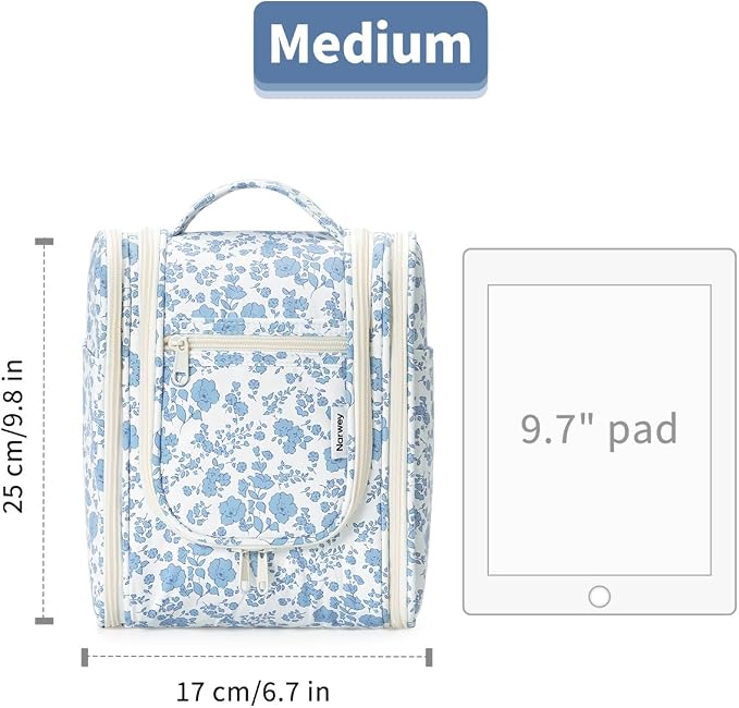 Narwey Hanging Toiletry Bag Women Travel Makeup Bag Organizer Toiletries Bag for Travel Size Essentials Accessories Cosmetics (Medium,Blue Flower) - Image 7
