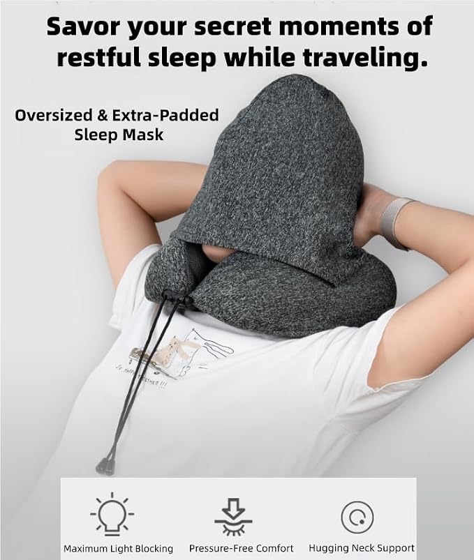 Travel Neck Pillow with Extra Large Hood Rollable Airplane Hooded Neck Pillow with Memory Foam Filling and Removable, Skin-Friendly Cover with a Carrying Case & Pouch (Cationic) - Image 3
