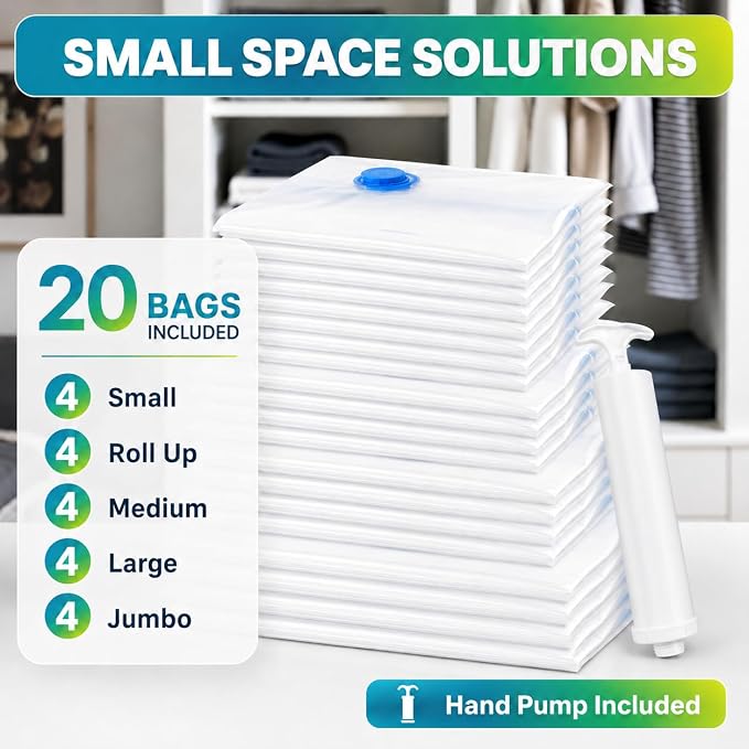 Vacuum Storage Bags,20Pack Vacuum Seal Bags for Clothing,Travel,Clothes,Comforters,Blankets,Pillows-4 Jumbo+4 Large+4 Medium+4 Small+4 Roll Up Space Saving Bag Hand Pump Inclued - Image 7