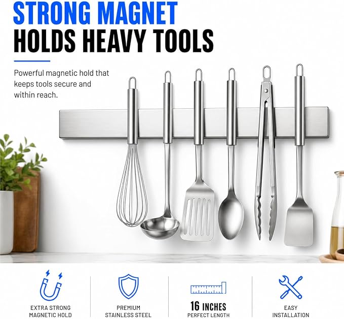 Modern Innovations 16 Inch Stainless Steel Magnetic Knife Bar with Multi-Purpose Functionality as a Knife Holder, Knife Strip, Magnetic Tool Organizer, Art Supply Organizer & Home Organizer - Image 2