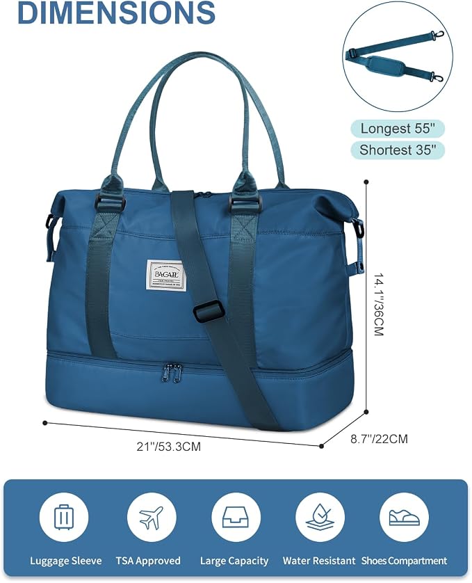 BAGAIL Travel Duffel Bag, Weekender Bags for Women, Overnight Gym Carry On Tote Bag with Wet Pocket, Hospital Mom Bag for Labor and Delivery - Extra Large, Peacock Blue - Image 6