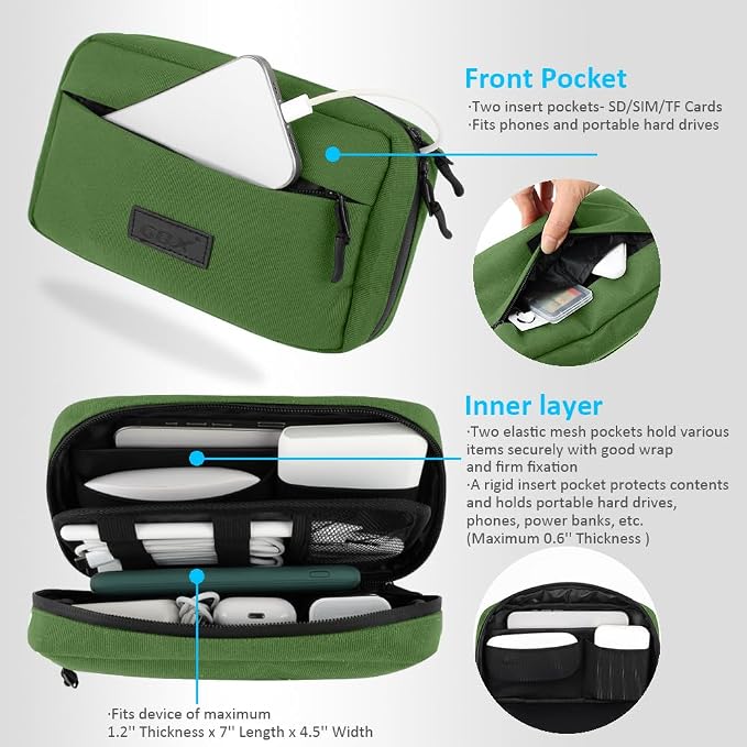 GOX Travel Cable Organizer Bag, Medium Tech Pouch for Electronics, Green | Two Zippers & Multiple Storage Pockets, Water-Repellent Oxford, All-in-One Tech Bag for Electronic & Travel Accessories - Image 5