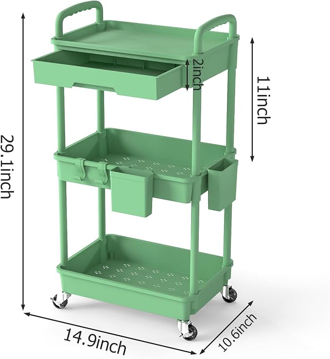 3 Tier Rolling Utility Cart with Drawer, Plastic Storage Organizer Rolling Carts with Wheels Handles Hanging Cups Hooks for Office, Bathroom, Kitchen,Craft Art Room (Green) - Image 2