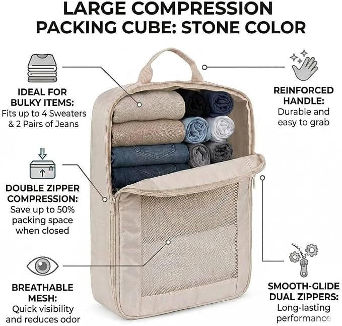 G-FORCE 3PC Compression Mesh Mid-Rectangular Packing Cube Set Stone Color | Space Saver Travel Organizer | Luggage Compression Cubes - Image 6