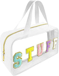 Chenille Letter Clear Makeup Bag Stuff Patch, Travel Toiletry Makeup Bag with Handle, Nylon Waterproof Makeup Bags clear cosmetic bag, preppy patch makeup bag for Women (STUFF-White) by Bunliuys