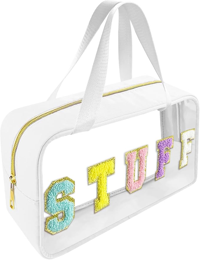 Chenille Letter Clear Makeup Bag Stuff Patch, Travel Toiletry Makeup Bag with Handle, Nylon Waterproof Makeup Bags clear cosmetic bag, preppy patch makeup bag for Women (STUFF-White) by Bunliuys