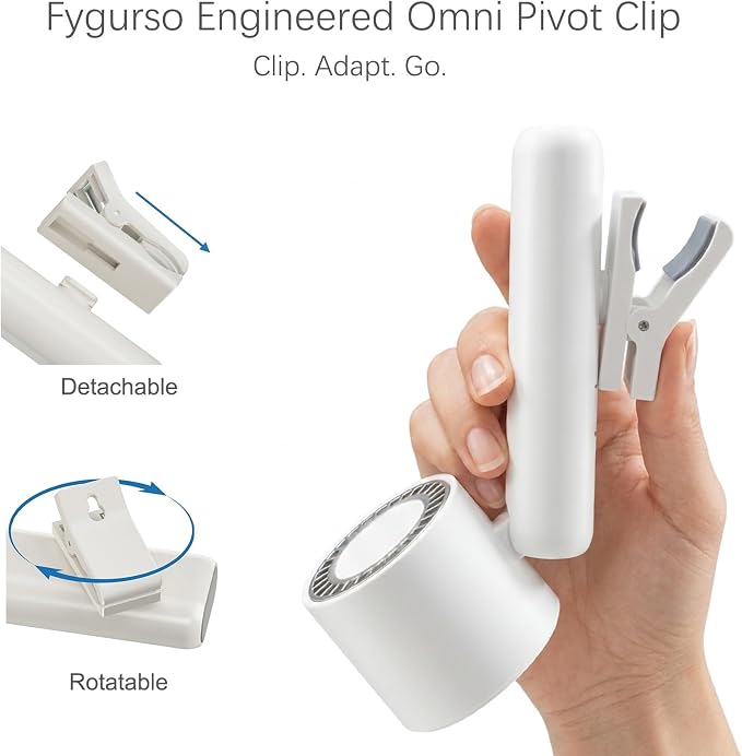 fygurso Personal Portable Clip-on Handheld Fan Rechargeable, White | Neck-Crossbody fit lanyard. Detachable clip. 10H battery. LED monitor. 5-Speed from 30dB low noise to 10000rpm blast. - Image 3