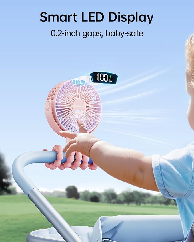 SWEETFULL Portable Stroller Fan with LED Display, 4 Speed Rechargeable Mini Clip On Fan, 360° Rotate Flexible Tripod Better Cooling Small Baby Fan for Car Seat Crib Travel Bike Treadmill (Pink) - Image 2