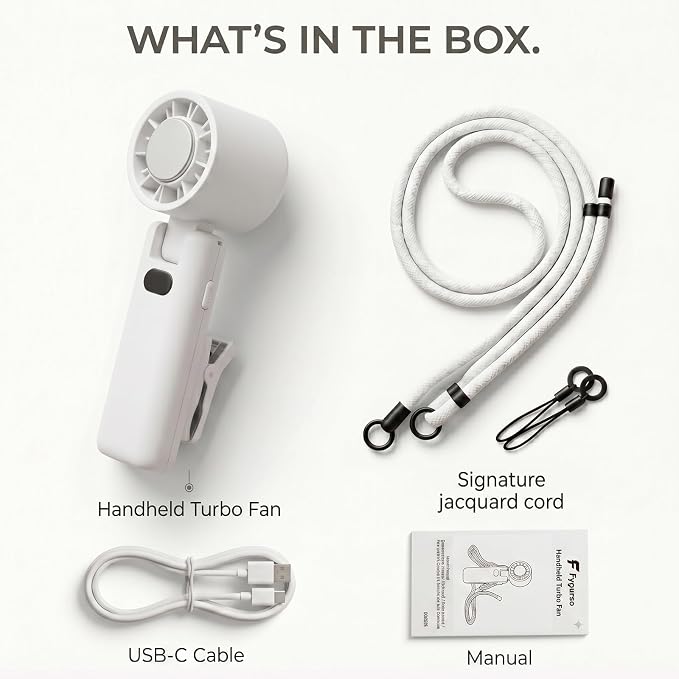 fygurso Personal Portable Clip-on Handheld Fan Rechargeable, White | Neck-Crossbody fit lanyard. Detachable clip. 10H battery. LED monitor. 5-Speed from 30dB low noise to 10000rpm blast. - Image 6