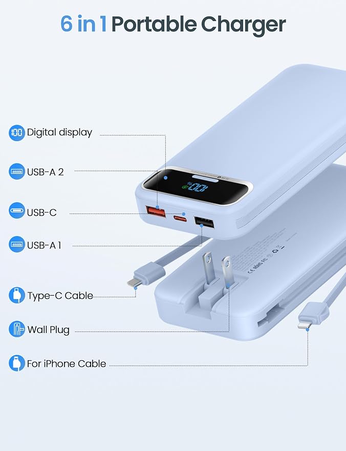 aonidi Portable Charger 12000mAh with Built-in Cables&AC Wall Plug, Blue | PD20W USB C Fast Charging,LED Display External Travel Power Bank,TSA approved Battery Pack for All iPhone,Samsung,Android - Image 2