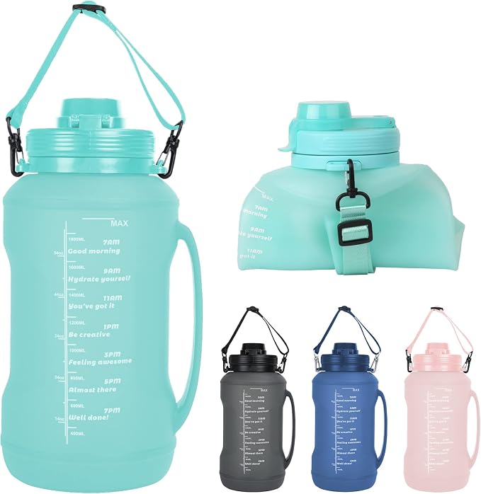 Collapsible Water Bottles, 2L/64OZ travel water bottle Bottle with Straw, Half Gallon Large Water Bottle for Travel Outdoor Sports Runing Fitness Yoga (Upgraded Snow Cyan) by SpacingSavingHelper