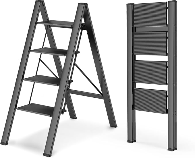 4 Step Ladder, Foldable Step Stool, 300lbs Load, Black | Folded 43''H x 2''T; Net 9.9 lbs; Rigid Aluminum Steps; No Assembly; For Home, Kitchen, Office, Pantry, Closets, Cabinets by WOAWOAHOME