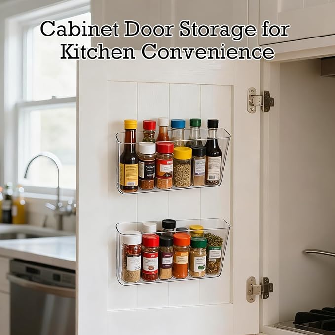 6 Pcs Adhesive Cabinet Door Organizers 8 Inch Clear Storage Bins | Without Drilling, Acrylic Wall Mount Organizer , for Kitchen Bathroom, Bedroom Living, Room, Kitchen Organization - Image 5