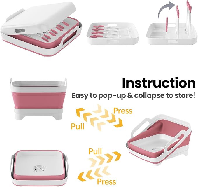 Volnamal Collapsible Wash Basin with Drying Rack & Drain Plug (Pink) | Portable 2.4 Gal Dish Tub, Foldable Basin for Baby Bottle, Vegetable, Camping Sink, Kitchen, RV, Camp, Outdoor Space-Saving - Image 5