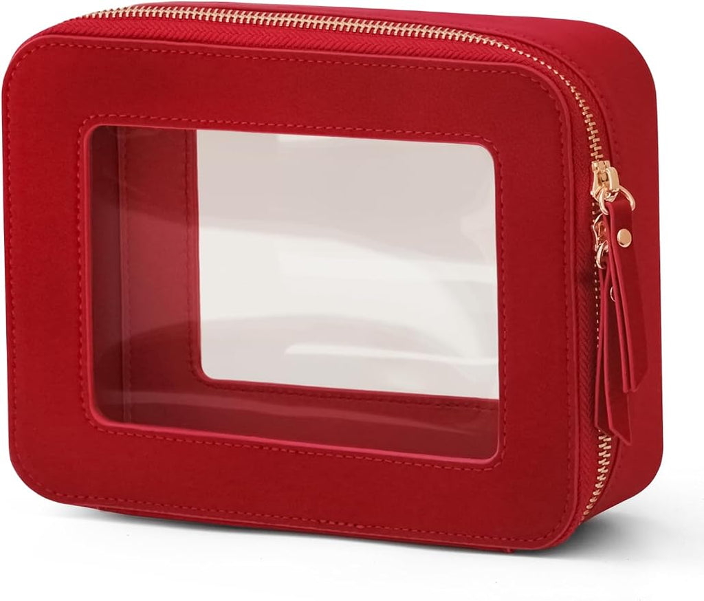 Clear Makeup Bag with Zipper, Women Travel Toilrty Bag Red Medium | Structured Clear Cosmetic Case, Car Essential Organizer Bag, Waterproof PU Leather, Dual Zipper, Wide Opening and Compact by POPVIBE