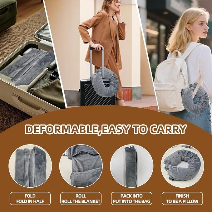 Travel Pillow/Travel Blanket 2-in-1 for Airplanes,Soft Warm Blanket | Roll up as a pillow,Portable Blanket for Airplane,Camping,Office(Gray) - Image 4