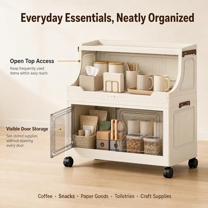 2 Tier Stackable Storage Bins with Lids & Wheels | PP construction with open top storage, clear doors and lockable wheels for kitchens, bathrooms, pantries and apartments. - Image 6
