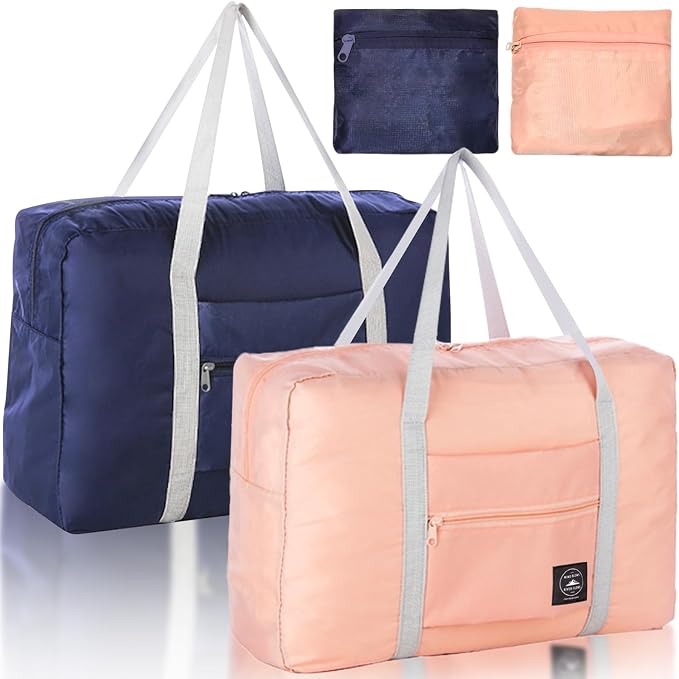 Foldable Travel Duffel Bag 2PCS Tote Carry on Luggage Bag Spirit Airlines Personal item Sports Gym Bag Water Resistant Weekender Overnight Bags for Women and Men (Pink+Blue) by INVODA