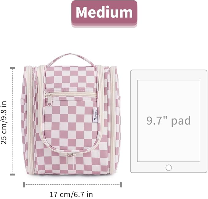 Narwey Small Checkered Hanging Travel Toiletry Bag for Women, Travel Bag for Toiletries, Makeup Bag Organizer Cosmetic Bags Make Up Bags for Women (Dusty Rose Checkerboard) - Image 7