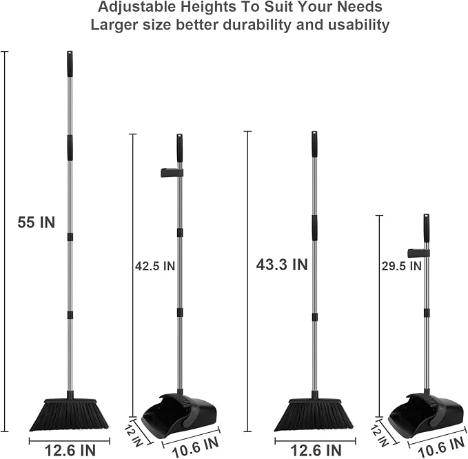 Black Broom and Dustpan Combo Set, 55" Long Handle Broom | Large Area Outdoor Cleaning, Extended Reach Design, Built-in Comb Dustpan, Foldable Storage for Garage, Patio & Home - Image 2