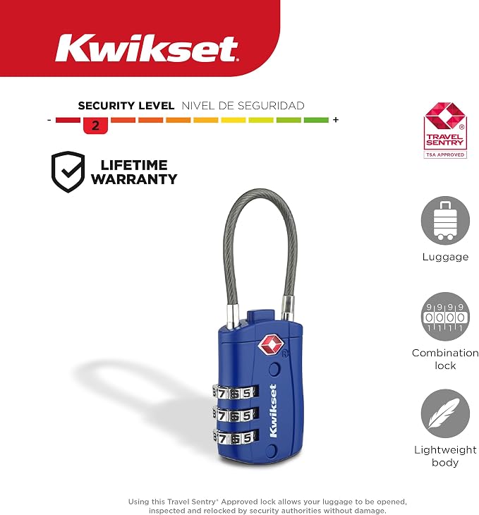 Kwikset TSA Approved Combination Luggage Lock with Cable, 2-Pack, Blue | Blue Pair Spots Your Bags Fast at Baggage Claim; Flexible Cable Shackle and Resettable Code, 1-3/16 in Body - Image 2