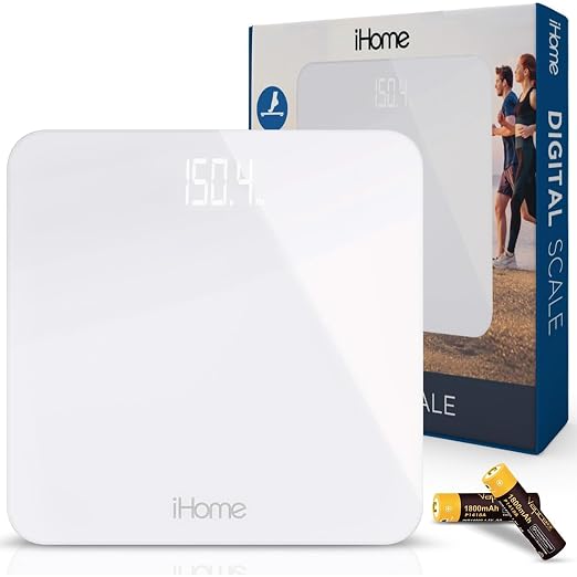 iHome Digital Scale, Bathroom Scale, Batteries Included, Scale Body Weight, Weight Scale, Digital Scale, Bathroom Scales for Weight, Digital Scales for Body Weight (White) by iHome