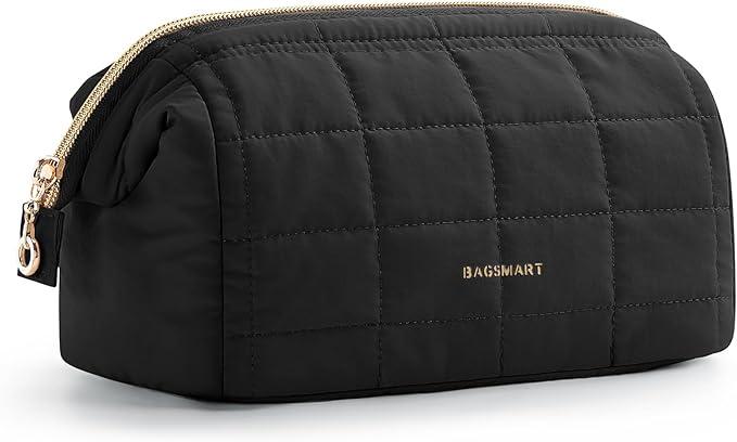 BAGSMART Makeup Bag Travel Toiletry Bag, Wide-open Zipper Pouch, Black | Puffy Padded, Travel Essentials, Make Up Bag, For Women, Makeup Organizer, Toiletries Accessories Brushes by BAGSMART
