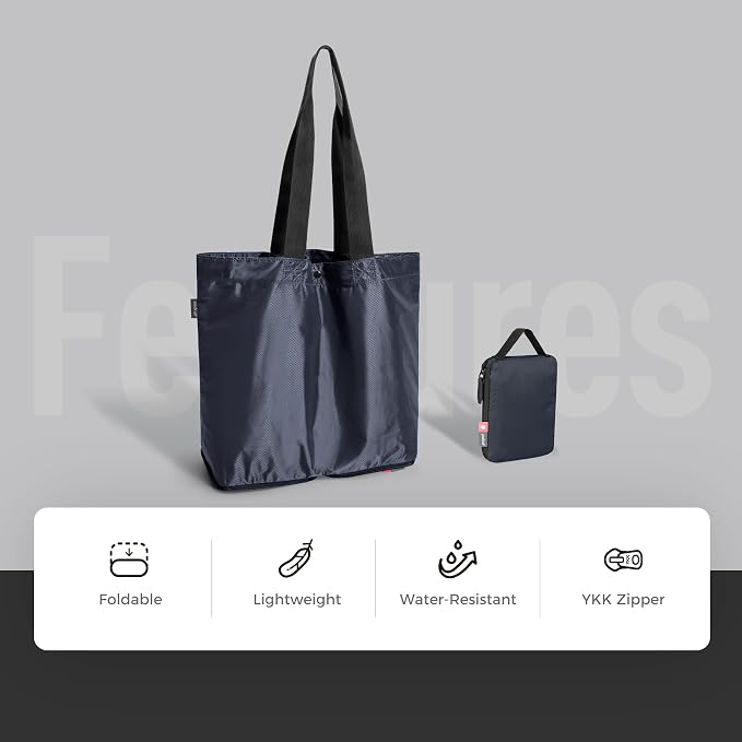 pack all 16L Foldable Shoulder Tote Bag, Lightweight Grocery Shopping Bag | Ultralight, Packable, Water Resistant, Tear Resistant Nylon, Zipper Closure, Compact for Travel, Work and Camping, Navy - Image 3