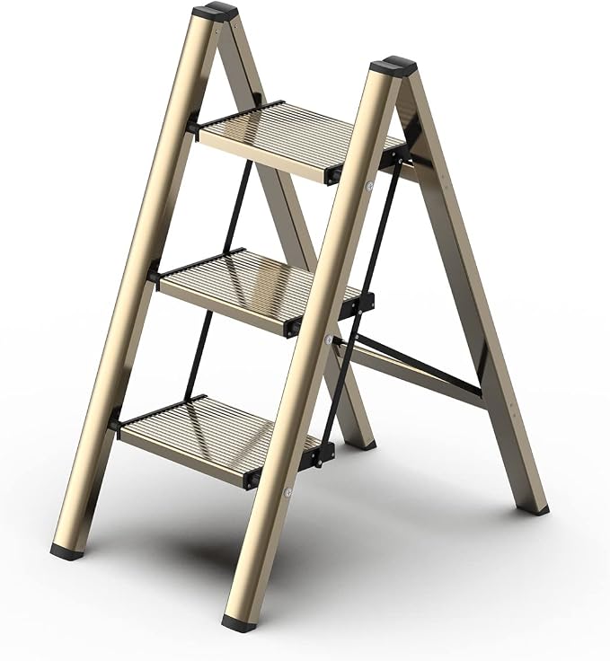 3 Step Ladder, Folding Step Stool with Anti-Slip Wide Pedal | Lightweight, Aluminum Material, 330LBS Load, Portable, Easy Storage, Space Saving, for Kitchen, Bedroom Use, Gold by GameGem