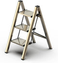 3 Step Ladder, Folding Step Stool with Anti-Slip Wide Pedal | Lightweight, Aluminum Material, 330LBS Load, Portable, Easy Storage, Space Saving, for Kitchen, Bedroom Use, Gold by GameGem