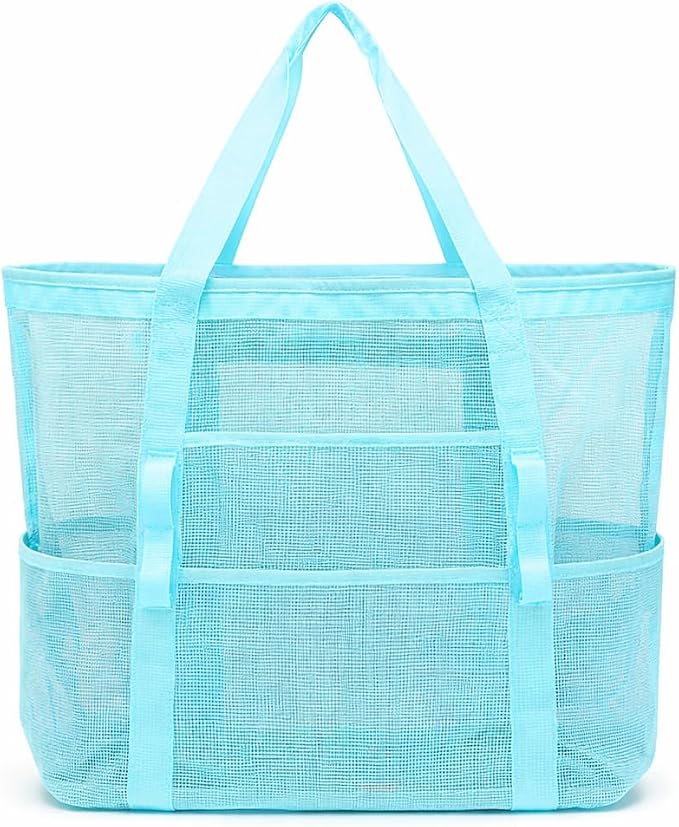 Mesh Beach Tote Bag Large Capacity Pool Gym Laundry Tote Foldable with Pockets Lightweight Travel Bag by HEROWORLD