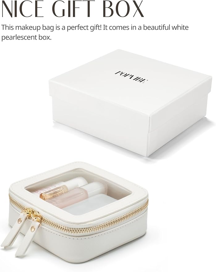 Small Clear Makeup Bag for Purse, Travel Cosmetic Case, White, Mini | Waterproof PU Leather, Transparent Square Make Up Pouch with Zipper, Tiny Toiletry Organizer Bag for Women Car Essentials Bag - Image 6