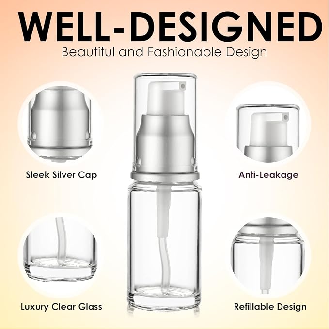 0.5 Oz 15ml Refillable Luxury Clear Glass Lotion Travel Pump Bottle with Silver Cap for Cosmetics, Lotion, Body Cream, Sanitizers, Cream, Foundation (Pack of 3) | Silver Cap, Luxury, Serum, Foundation, Body Cream, Sanitizer, Cosmetics, Travel - Image 5