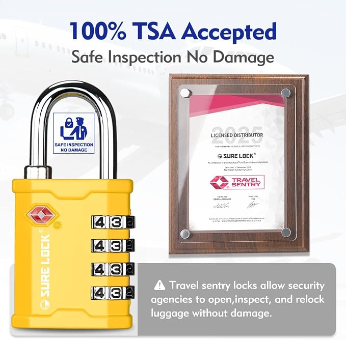 SURE LOCK TSA Accepted 4 Dig Heavy Duty Big Combination Luggage Padlock All Metal Travel Lock for Equipment Hard Case Luggage Gun Case Gym Locker Pelican Vault Lock (2, Yellow) - Image 3