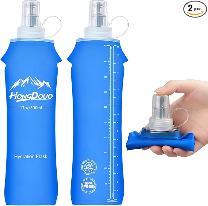 Flexible Running Bottles - Two Pack: 500ml/17oz, Foldable, BPA/PVC Free Soft Flask for Hydration Vests and Running Packs,Collapsible Leak-proof Pocket Bottle for Jogging, Hiking, Cycling, Climbing by Unknown