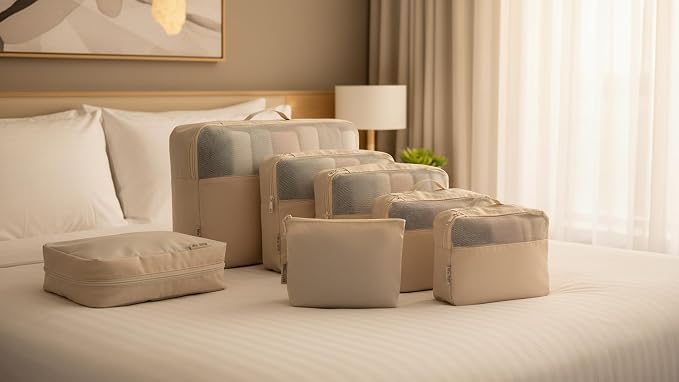 6 Set Travel Packing Cubes, Water-Repellent Nylon Luggage Organizer Bags for Suitcase, Carry-on, Home Storage, Lightweight and Durable (6, Beige, Sollid) - Image 5
