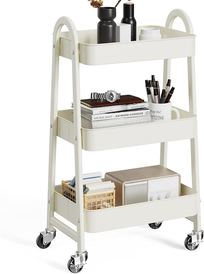 OLIXIS Metal Rolling Storage Utility Cart with Lockable Wheels 3 Tiers | Mobile Organizer Shelf, Space-Saving, Freestanding, Bathroom, Living Room, Slim, Narrow Corner Spaces, White by OLIXIS