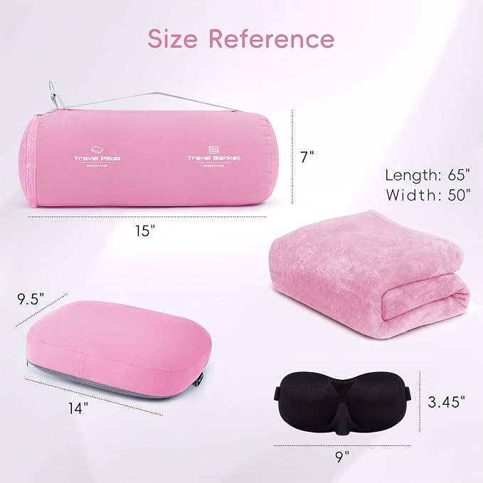 urnexttour 4-in-1 Travel Pillow & Blanket Set with Eye Mask, Memory Foam Neck Support, 50x65 Inch Blanket, Storage Bag for Airplane, Car, Train, Home Travel Pink - Image 3