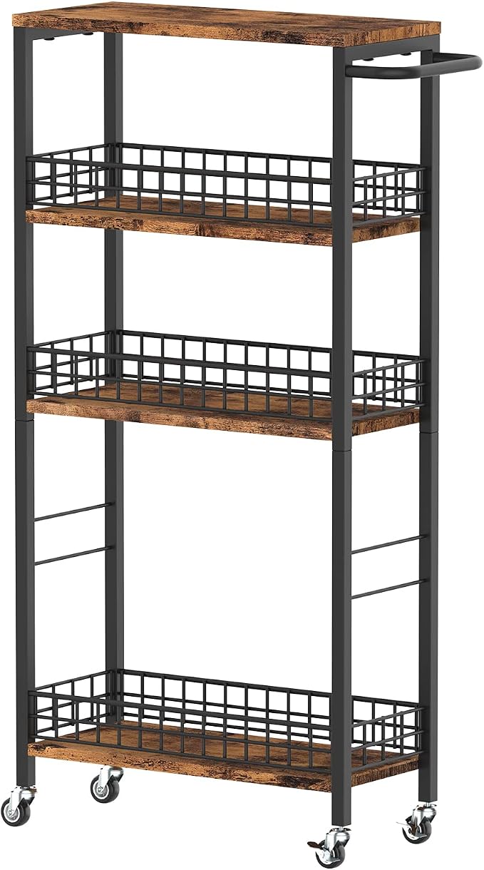NOVIMANGO Slim Storage Cart Narrow Laundry Cart 4 Tier, Black | Rolling Kitchen Cart with Wheels, Narrow Bathroom Cart, with Handle for Small Spaces, with Wood Tabletop by NORCEESAN