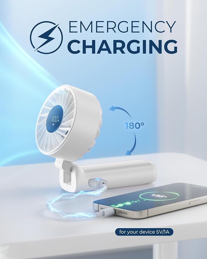 Peiyuu Handheld Portable Fan, 4000mAh USB Rechargeable Personal Fan, 180° Foldable Mini Desk Fan with 6 Wind Speed, LCD Digital Display, Lanyard as Neck Fan, Ultra Quiet - Image 4