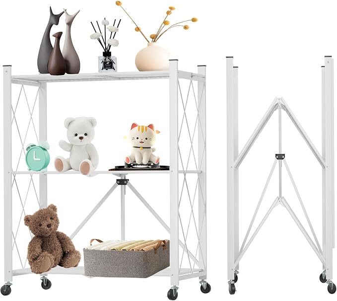 3 Tier Foldable Storage Shelf with Wheels Heavy Duty Garage Shelving | Unit Loads 550 LBS, Metal Steel Collapsible Shelves, Rolling Standing Utility Rack for Kitchen, Pantry, Office, White by YUANJIMI