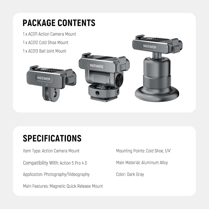 NEEWER Action Camera Accessories Kit Compatible with DJI Osmo Action 5 Pro/4/3, Cold Shoe Mount, Quick Release Magnetic Mount & Ball Head Adapter, AC011+AC012+ AC013, Dark Gray - Image 7