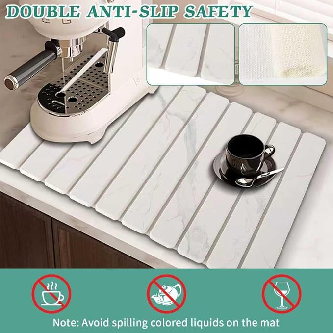 Stone Dish Drying Mat for Kitchen Counter, 24 x 16 Inch(White Marble) | Absorbent diatomaceous earth and PVC, folds for compact storage, suitable for dishes, cups, bottles, or a bathroom floor mat - Image 3
